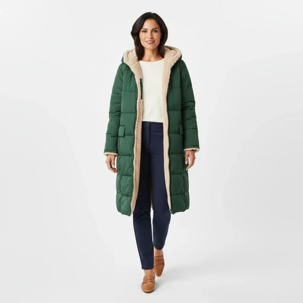 Lange Steppjacke mit Kapuze und Sherpa-Futter für Damen