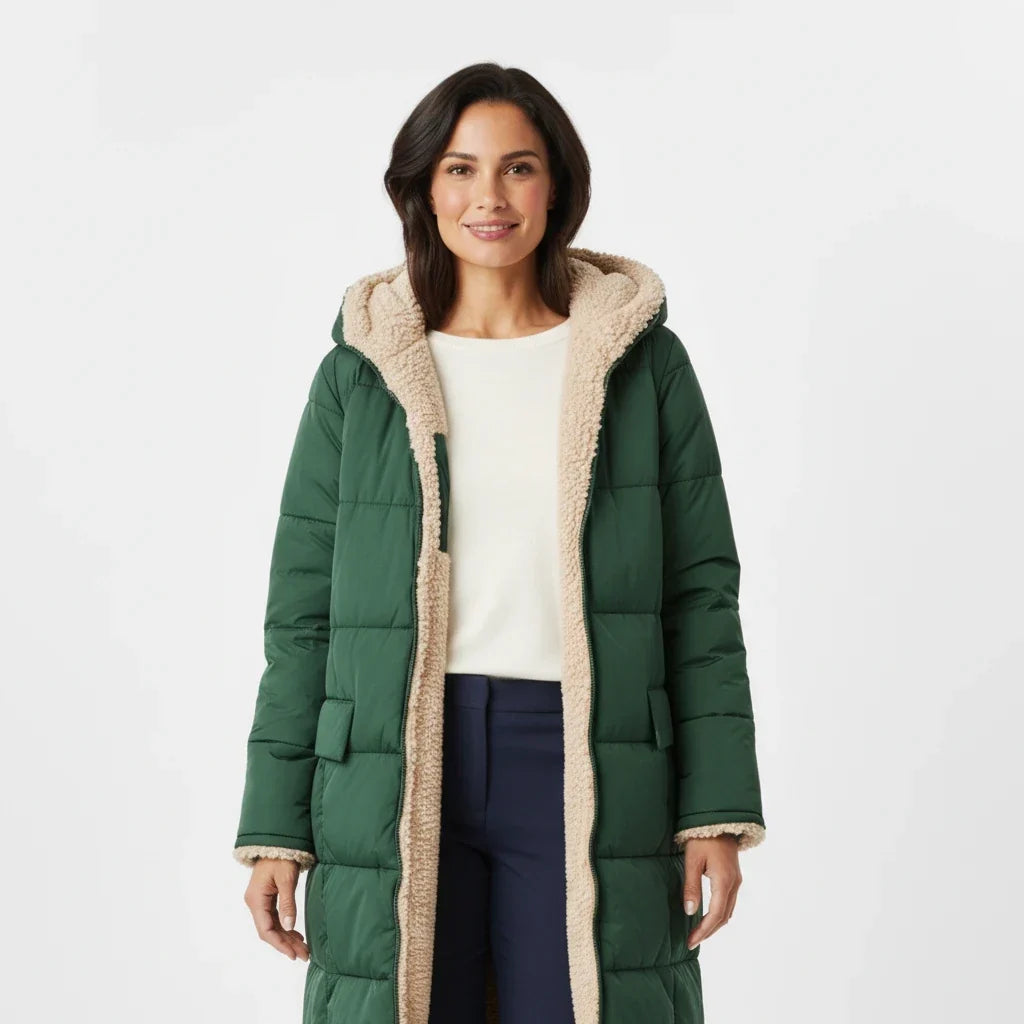 Lange Steppjacke mit Kapuze und Sherpa-Futter für Damen