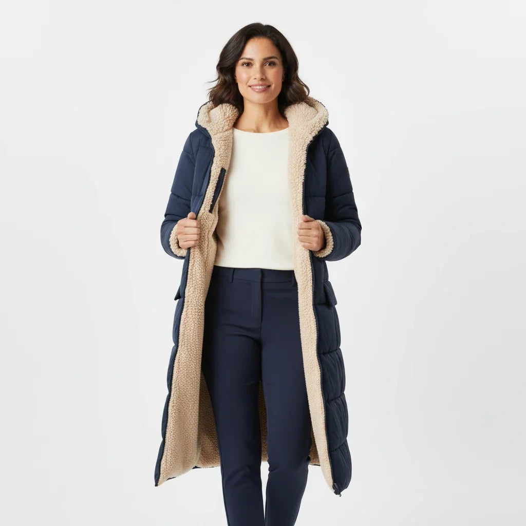 Lange Steppjacke mit Kapuze und Sherpa-Futter für Damen